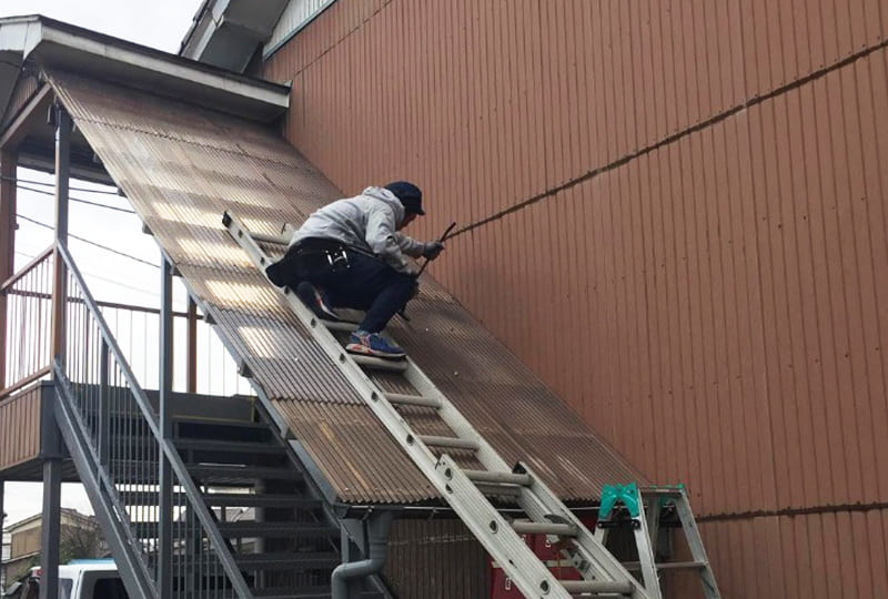 屋根で作業する工事スタッフ